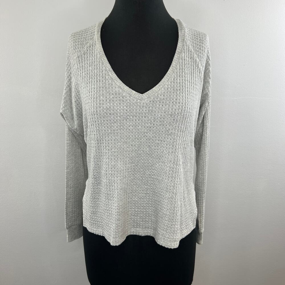 Velvet Graham & Spencer Gray Metallic V-Neck Long Sleeve Waffle Knit Top P XS - Picture 2 of 6